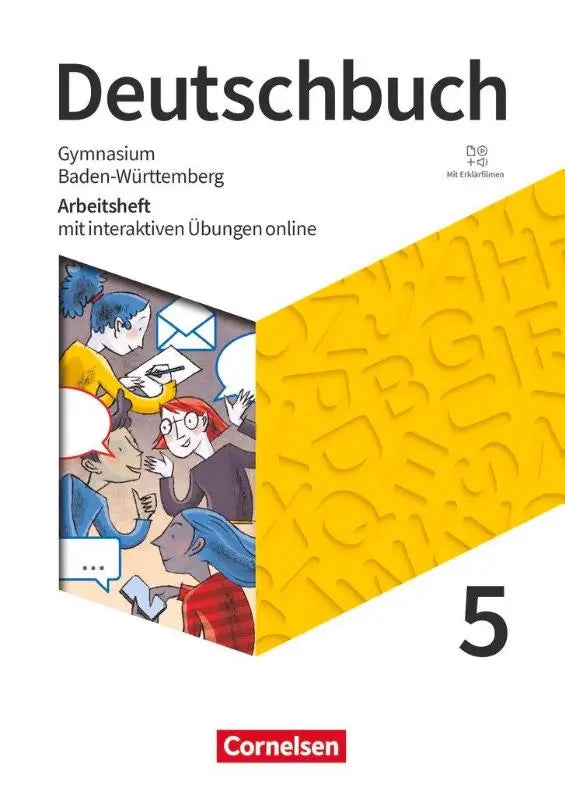 Gele textuur cover van deutschbuch gymnasium arbeitsheft met interactieve oefeningen en leerlingenillustratie