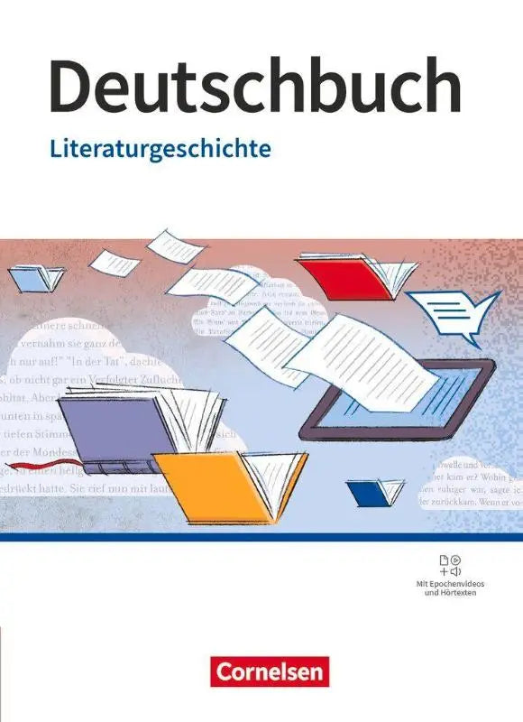 Cover van cornelsen deutschbuch gymnasium literatuurgeschiedenis met kleurrijke illustratie van boeken en laptop