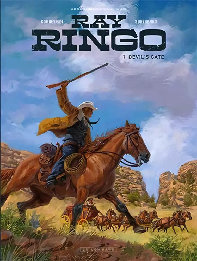 De cover van het devil’s gate bordspel van eric corbeyran toont een cowboy te paard tegen een woestijnlandschap