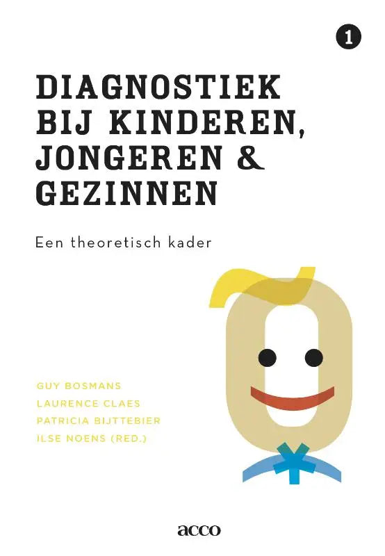 De boekcover van diagnostiek bij kinderen jongeren en gezinnen toont een glimlachend cartoongezicht met geel haar en blauwe kleding door guy bosmans laurence claes en patricia bijttebier