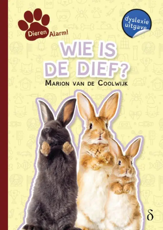 Kinderboekcover serie dierenalarm met drie konijnen zwart, bruin en wit op een lichtgele achtergrond wie is de dief
