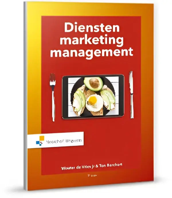 Rood hardcover boek dienstenmarketingmanagement van ton borchert met zwart-wit voedselgrafiek en zilveren bestekillustraties voor management algemeen