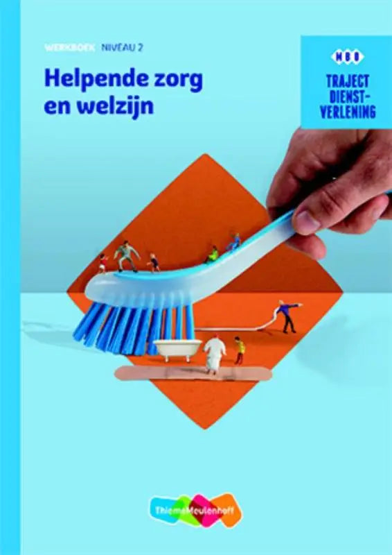 Een blauwe tandenborstel met miniatuurfiguren op de haartjes en handvat, passend bij dienstverlening helpende zorg