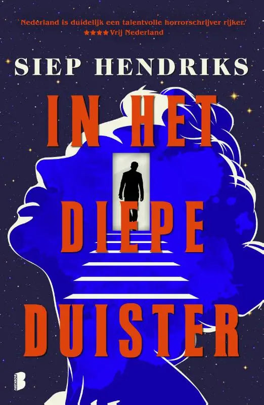 Blauwe geïllustreerde boekomslag met gestileerd hoofd en trap met titel in het diepe duister in oranje letters