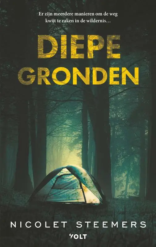 Een teal en witte campingtent van diepe gronden staat opgesteld in een mistig donker bos