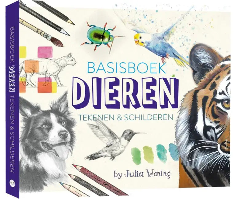 De cover van basisboek dieren tekenen en schilderen door julia woning toont kleurrijke dierenillustraties op een crèmekleurige achtergrond