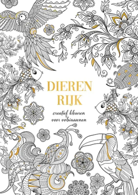 Dierenrijk creatief kleuren boek met gedetailleerde zwart-wit vogel- en bloemenillustraties en goudaccenten