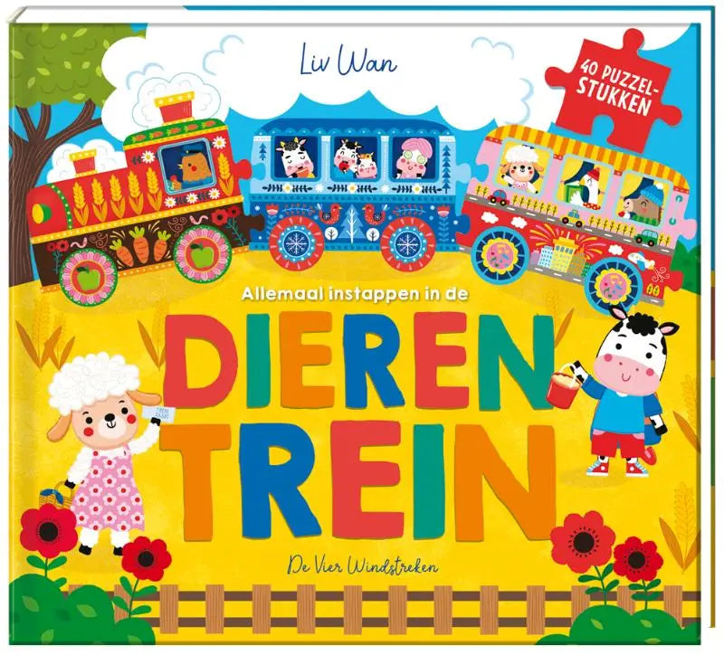 Vibrant kinderspeelboek dierentrein met kleurrijke cartoon treinen en dieren op felgele omslag voor jonge lezers