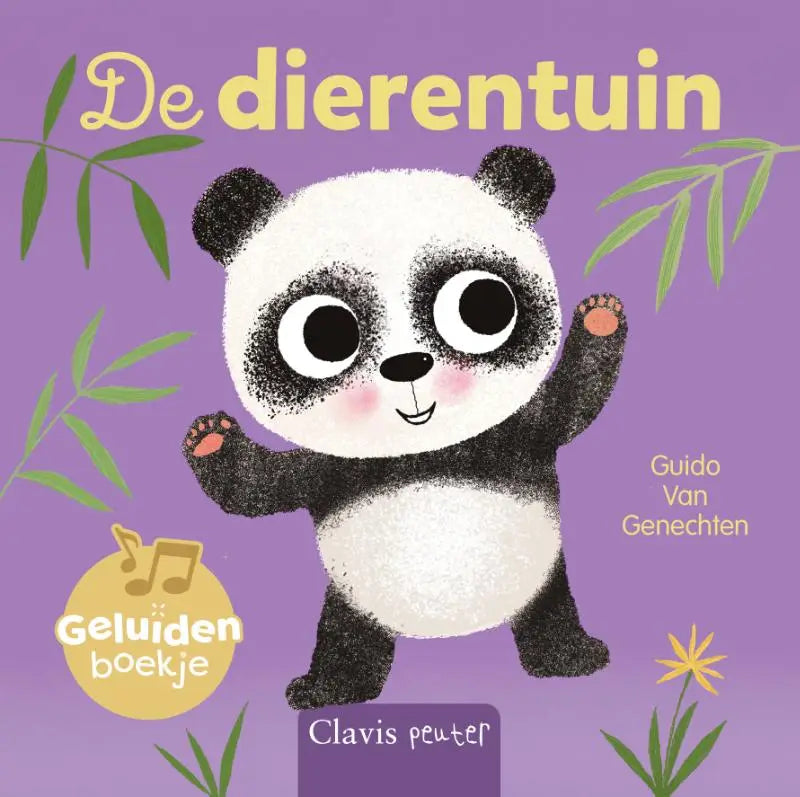 Schattige zwart-witte panda met grote ogen en roze wangen voor jonge lezers op paarse achtergrond de dierentuin