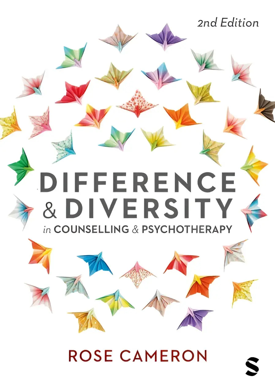 De tweede editie boekcover toont kleurrijke origami kraanvogels rond de titel difference and diversity in counselling and psychotherapy van rose cameron