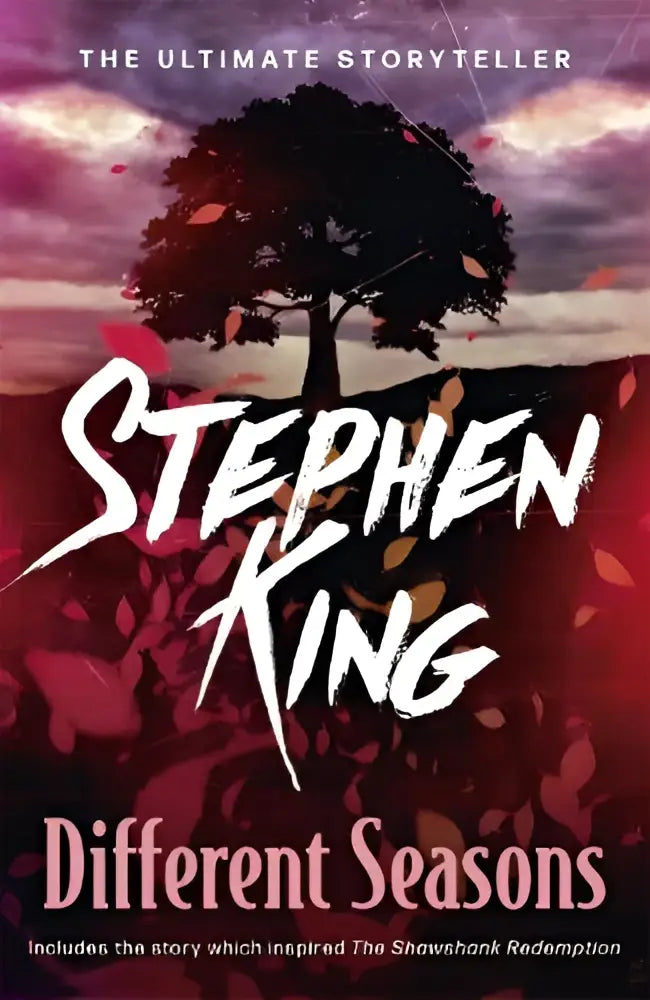 De boekomslag van different seasons door stephen king toont een donkere story collection met vallende bladeren en een avondhemel