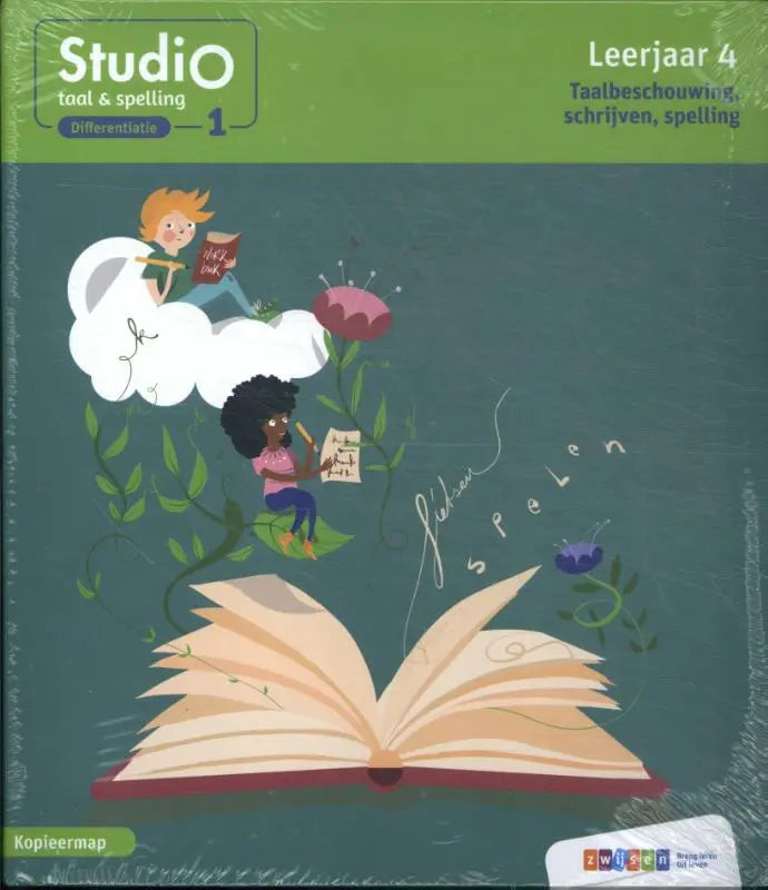 Studio taal & spelling differentiatie 1 groene educatieve werkboek voor groep 4 met illustraties van kinderen op bladeren