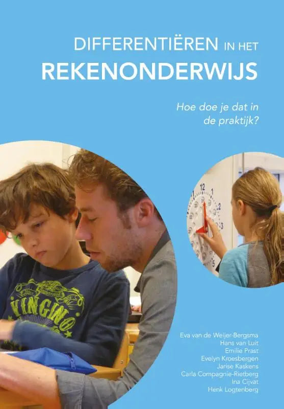 Blauw boek differentiëren in het rekenonderwijs met afbeelding van man en jongen die aan rekenproblemen werken