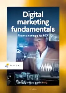 De cover van het boek digital marketing fundamentals toont een modern ontwerp met witte tekst op een donkere achtergrond