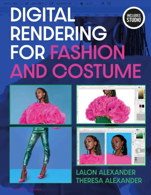 De cover van het boek digital rendering for fashion and costume toont levendige roze gerimpelde kleding en digitale ontwerpen