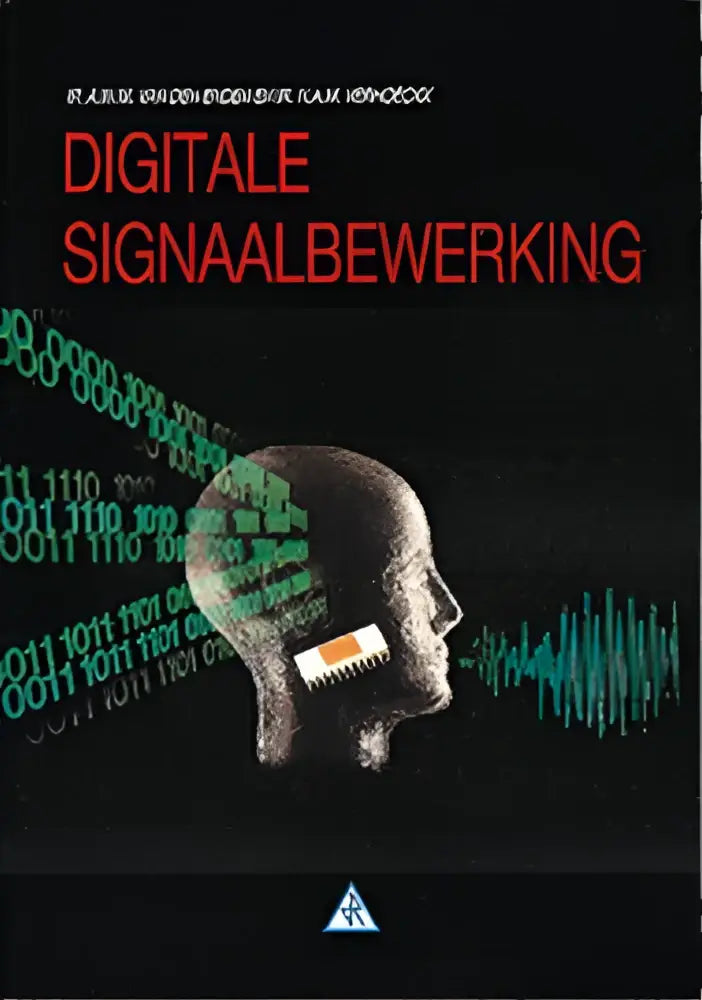 Zwarte boekcover digitale signaalbewerking met gestileerd mensenhoofd en geïntegreerde schakeling voor technische wetenschappen