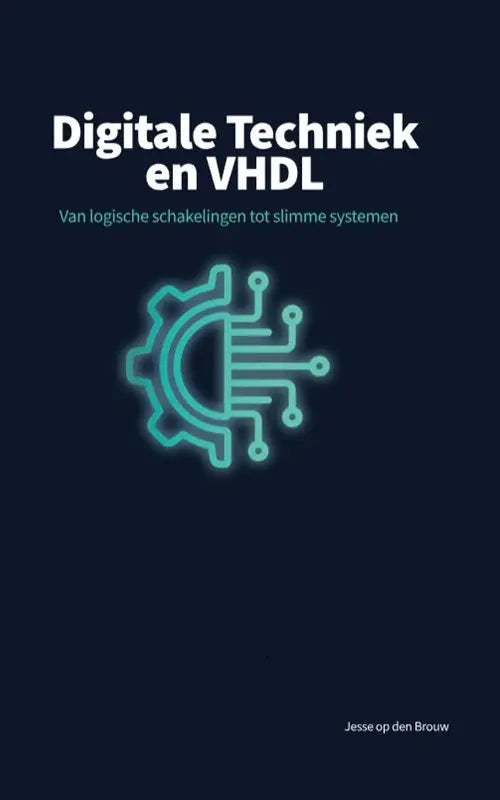 Een gloeiend teal printplaat en tandwiel icoon op donkerblauwe achtergrond voor digitale techniek en slimme systemen