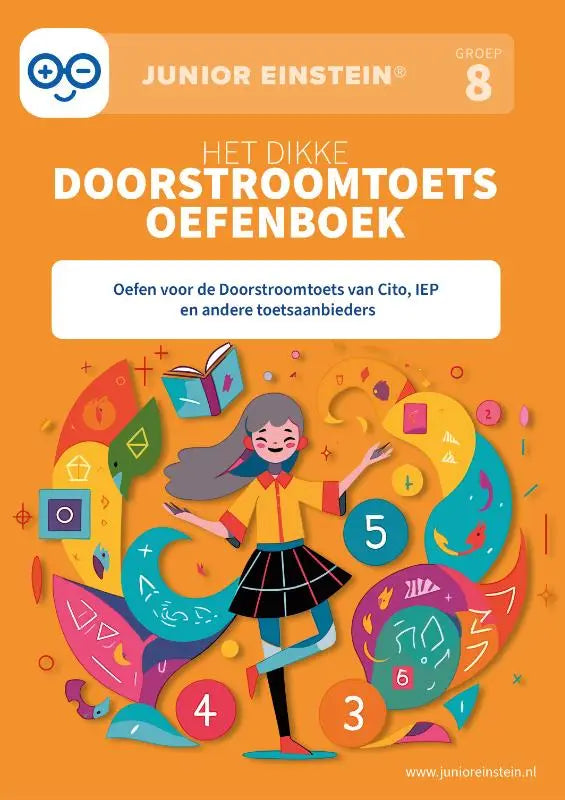 Oranje dikke doorstoomtoets oefenboek group 8 met junior einstein thema en kleurrijke geometrische vormen voor andere toetsen