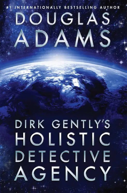 De cover van het boek dirk gentlys holistic detective agency toont een diepblauw sterrenbeeld met de aarde centraal