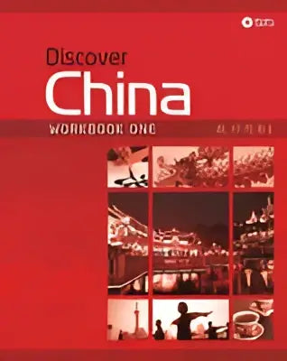 Rood discover china level 1 workbook en audio cd set met collage van chinese bezienswaardigheden en scènes op de omslag