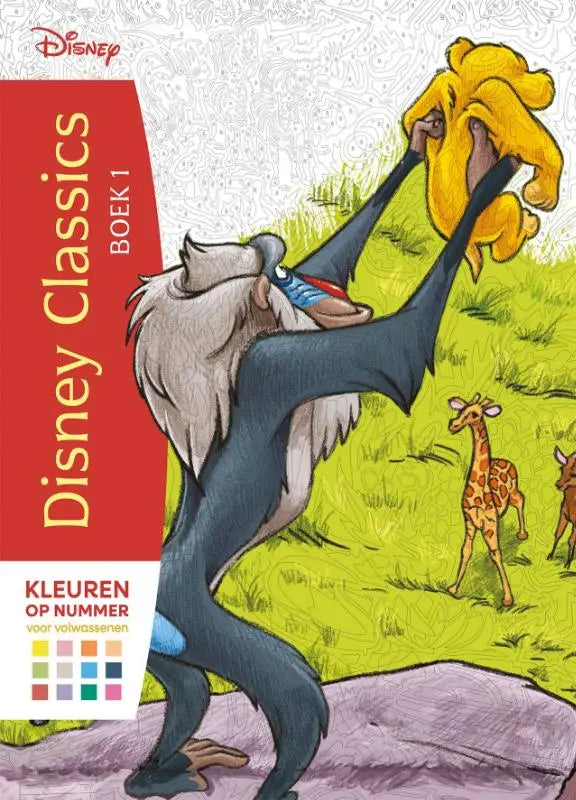 Disney classics boek 1 kleuren op nummer voor volwassenen met rode cover en rafiki die baby simba vasthoudt