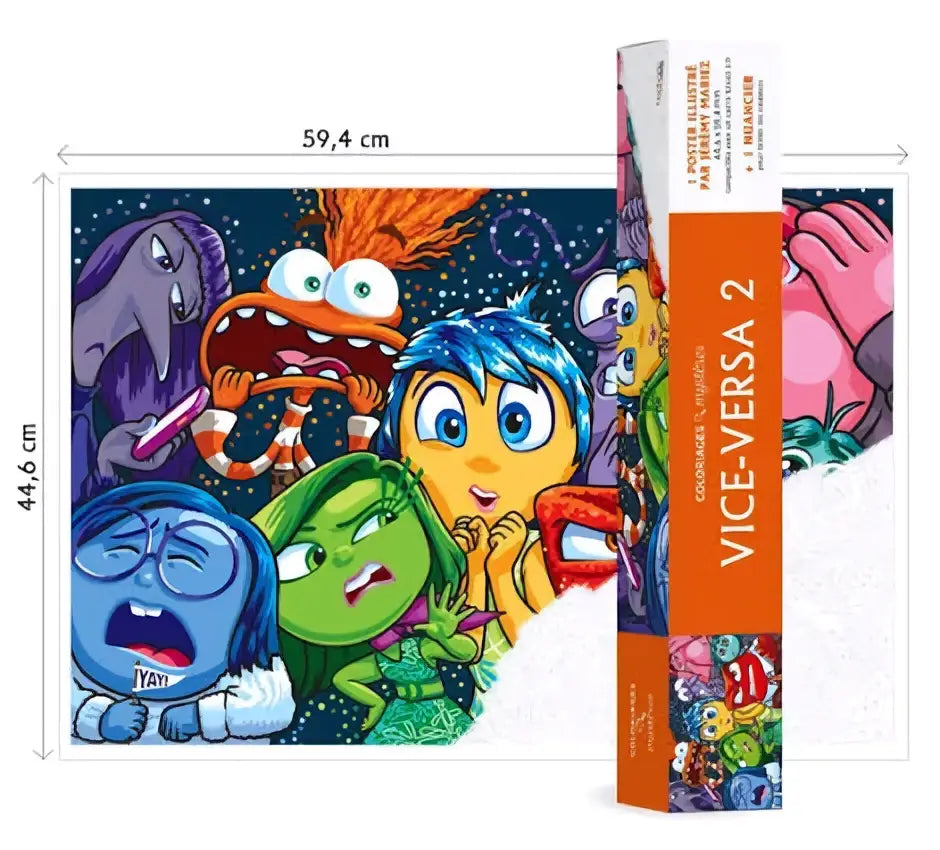 Vice-versa 2 puzzeldoos met kleurrijke cartoonfiguren van disney binnenstebuiten 2 voor mysterie kleurposter
