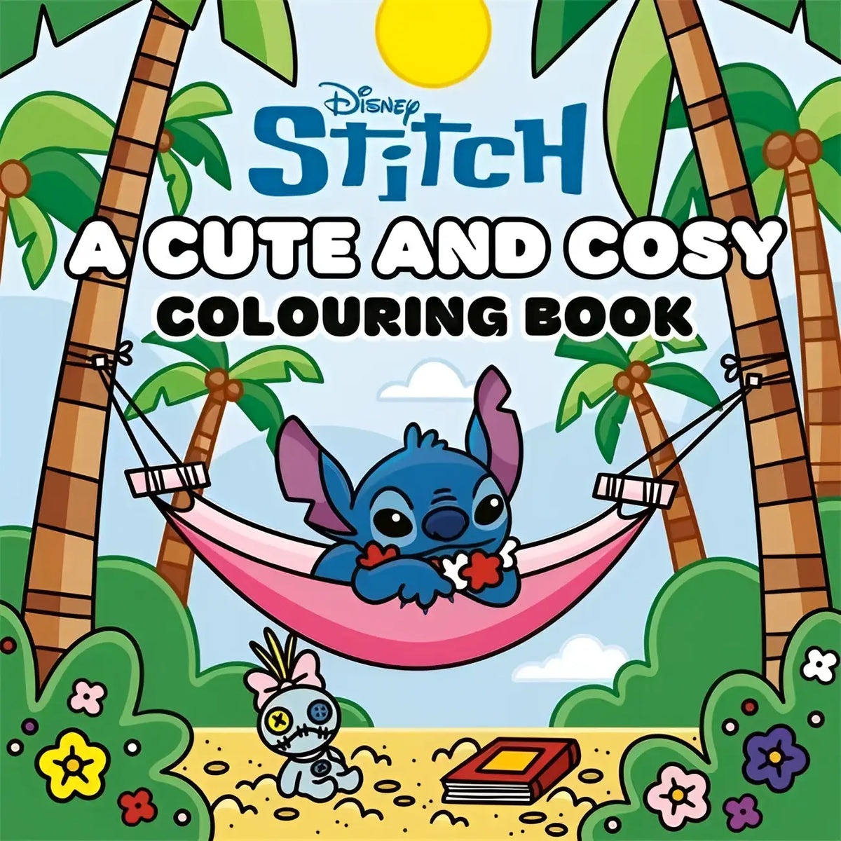 Disney stitch kleurboek met een cute and cosy blauwe stitch die ontspant in een roze hangmat tussen palmbomen