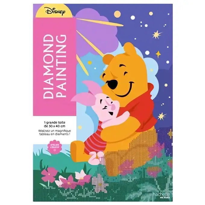 Disney winnie the pooh diamond painting set met kleurrijke diamantjes en een levendige sterrennacht met bloemen