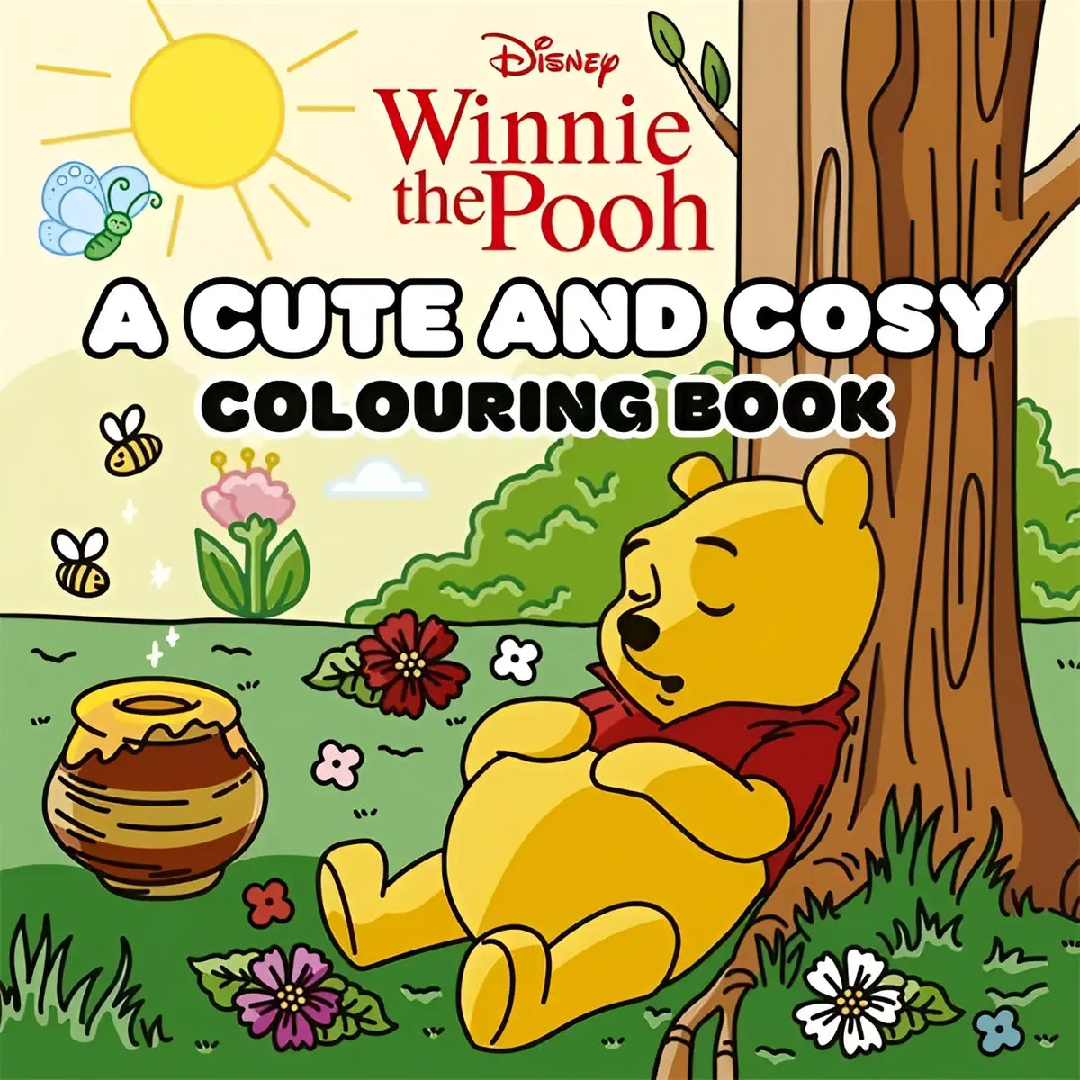 Disney winnie the pooh cute and cosy colouring book featuring a yellow bear in a red shirt resting under a tree