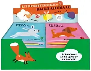 Box met kleurrijke allemaal activiteitenboekjes voor jonge lezers met illustraties van vossen op de omslag