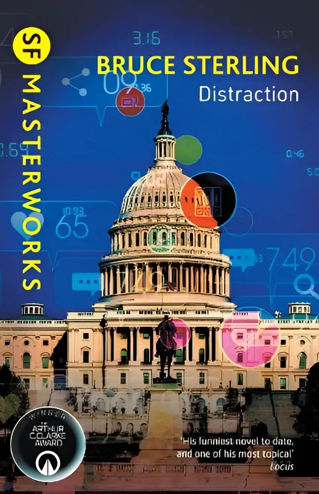 De voorkant van het boek Distraction toont een afbeelding van de Verenigde Staten in een opvallend ontwerp
