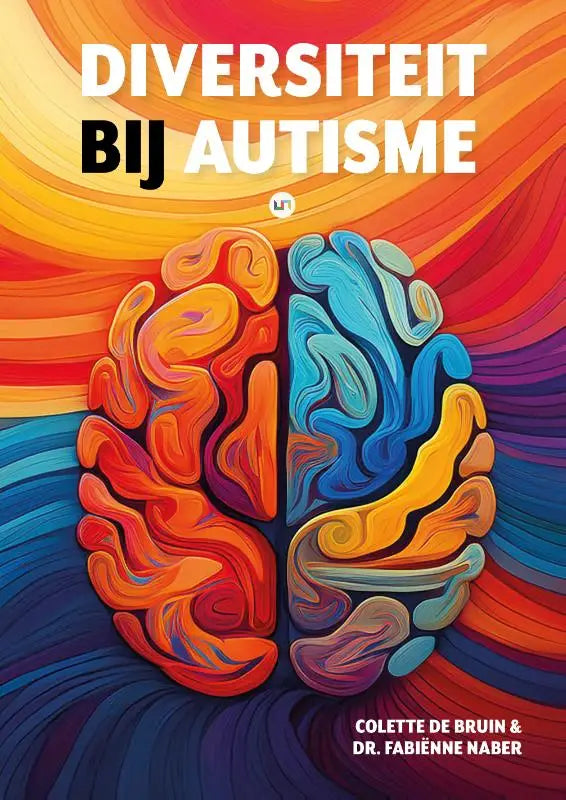 Vibrante illustratie van een gesplitste hersenhelft in warme oranje en koele blauwe tinten voor diversiteit bij autisme
