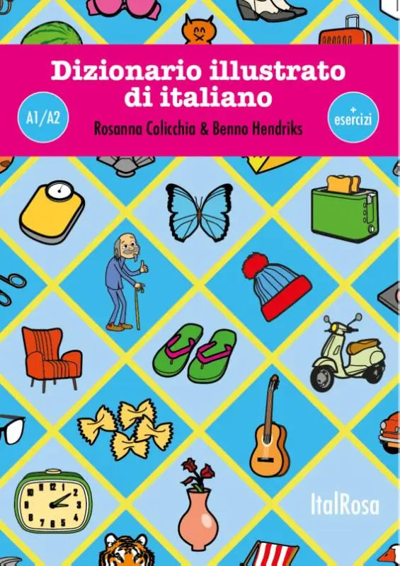 Illustrato di italiano boekomslag met blauwe achtergrond en kleurrijke cartoon iconen in diamantpatroon