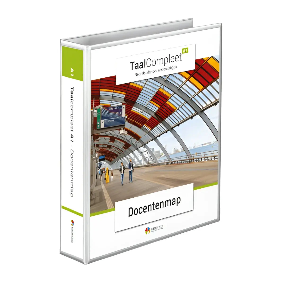 Witte en groene docentenmap taalcompleet a1 met afbeelding van modern treinstation met kleurrijk gewelf