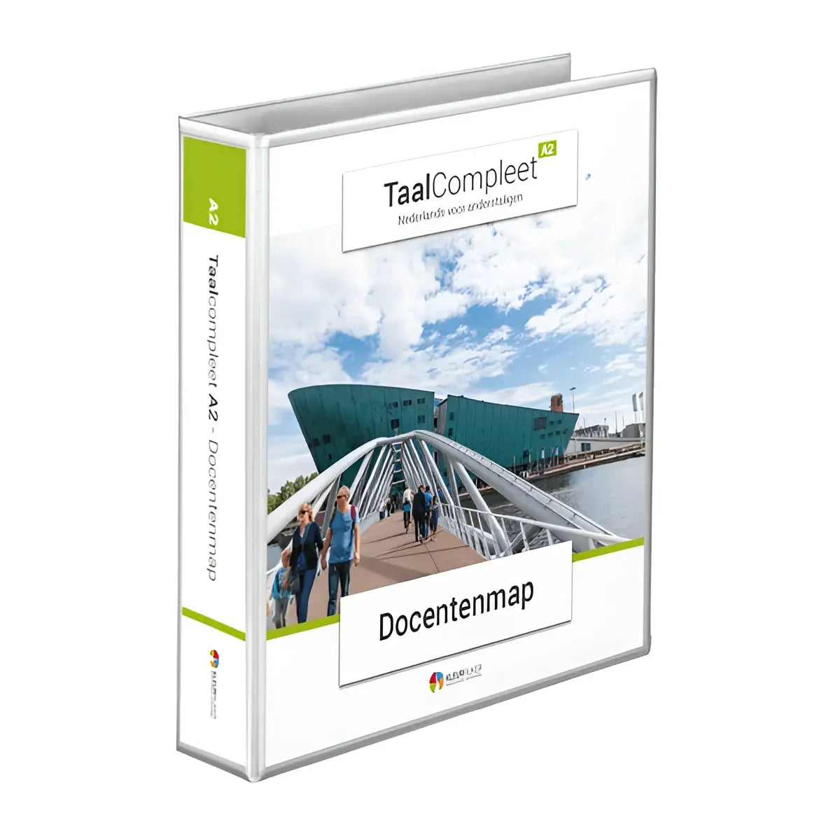 Witte en groene taalcompleet a2 docentenmap met foto van mensen op een brug over water