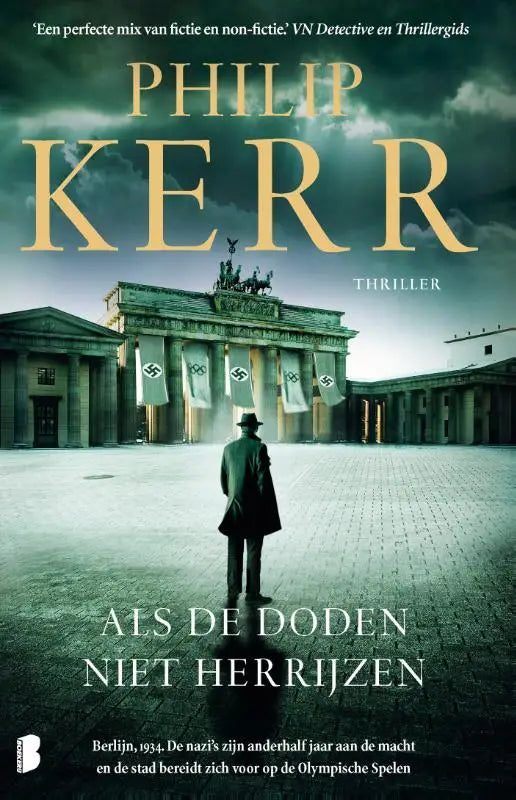 De boekcover van als de doden niet herrijzen toont de brandenburgse poort onder een duistere lucht met gouden letters