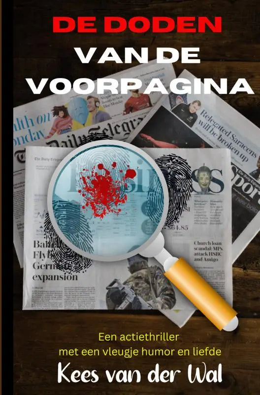 Een actiethriller met een vergrootglas met gele handgreep dat een rode vingerafdruk op doden van de voorpagina onthult