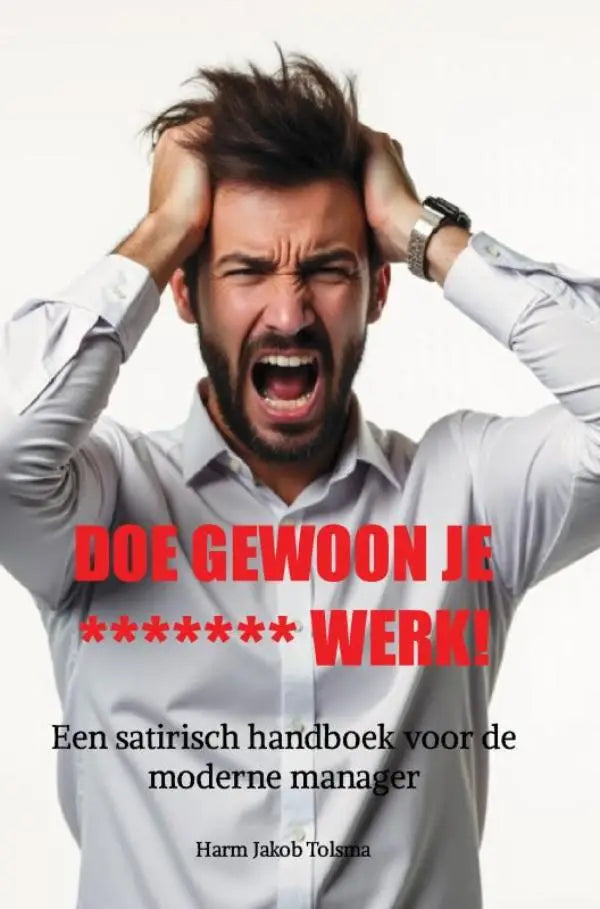 Een man met donker haar en baard draagt een lichtgrijs overhemd bij het satirisch handboek voor moderne managers