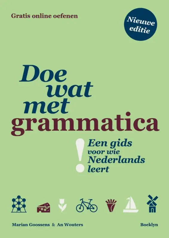 Lichtgroene boekomslag van doe wat met grammatica met gedurfde tekst en kleurrijke iconen voor wie nederlands leert