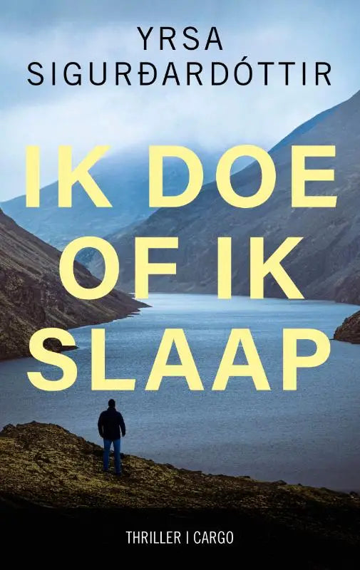 De boekcover van ik doe of ik slaap door yrsa sigurdardóttir toont gele tekst op achtergrond met bergen en meer zwart ijs thema
