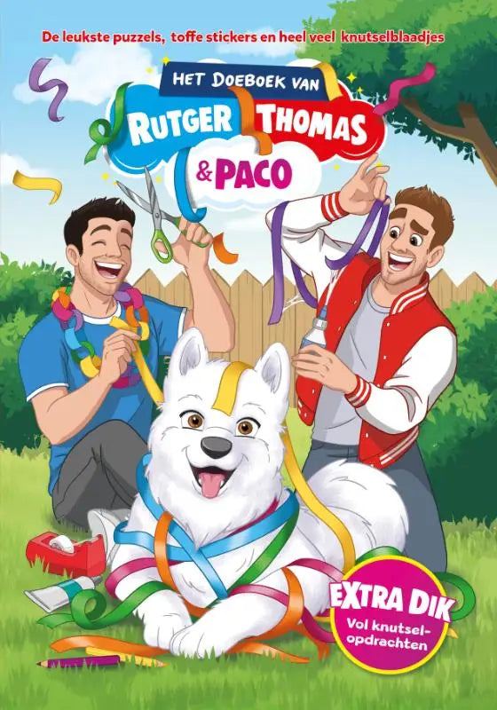 Een fluffy witte hond met een gele streep op het hoofd en kleurrijke linten in het doeboek van jonge lezers
