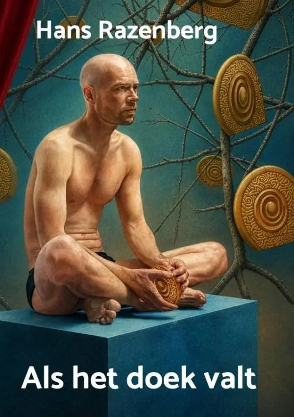Een kale gespierde man zit gekruist op een blauwe sokkel en houdt een gedetailleerd gouden spiraalobject vast in doek valt