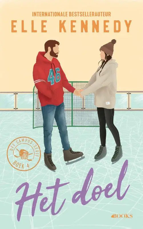 De boekcover van het doel van elle kennedy toont een gestileerde illustratie van twee personen op een ijsbaan