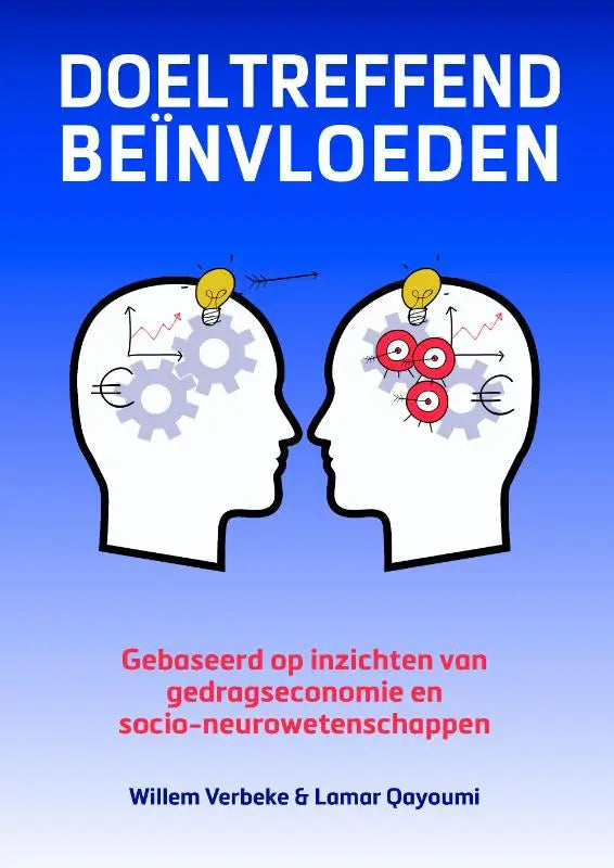 Blauwe boekomslag van doeltreffend beïnvloeden met witte hoofdsilhouetten, tandwielen en lampjes door verbeke en qayoumi