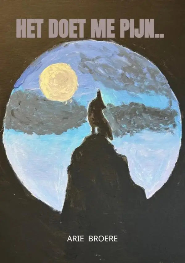 Een geschilderde illustratie van een donker silhouet wolf die huilt naar de zon in een cirkelvormig frame arie broere