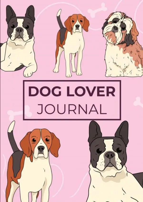 Roze dog lover journal met illustraties van zwarte, witte en bruine honden voor het bijhouden van onze furry friends