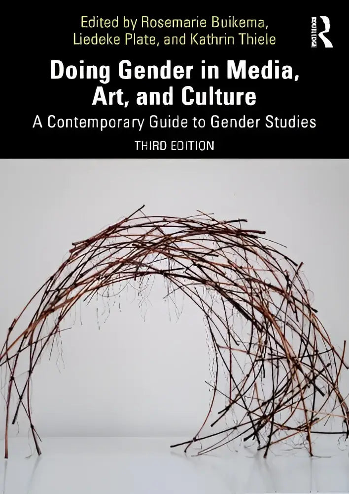 De boekcover van doing gender in media art en cultuur toont een minimalistisch boogvormig beeld van verweven bruine twijgen tegen een witte achtergrond