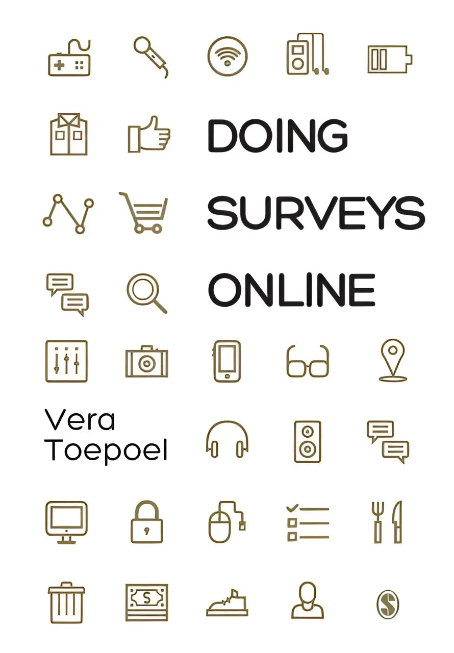 Minimalistisch grafisch ontwerp met de tekst doing surveys online in vet zwarte schreefloze lettertype voor het product doing surveys online