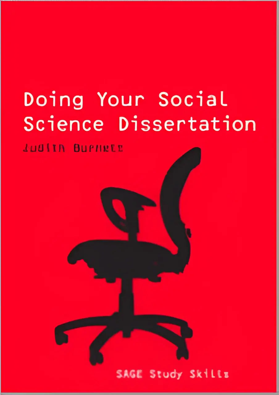 Rood boek met zwarte silhouet van een bureaustoel en de titel doing your social science dissertation van judith murnett sage study skills