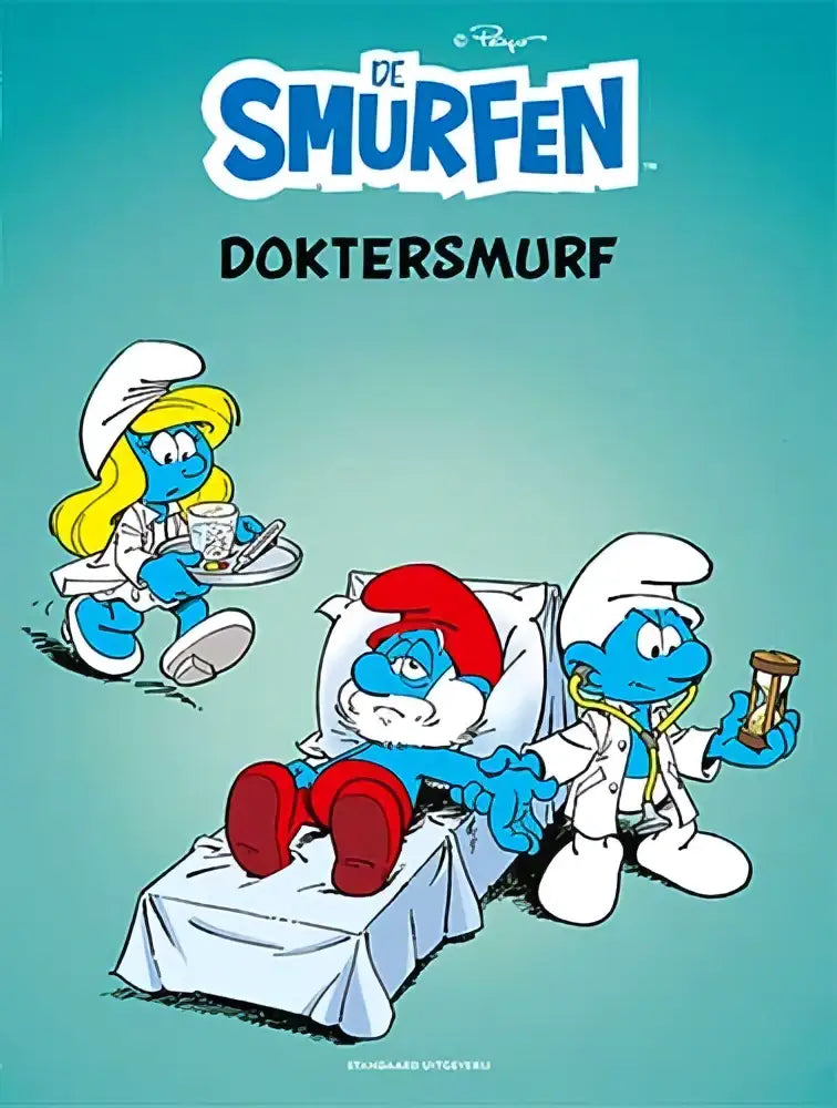Dokter smurf blue figure in white coat holding stethoscope promoting strips algemeen product